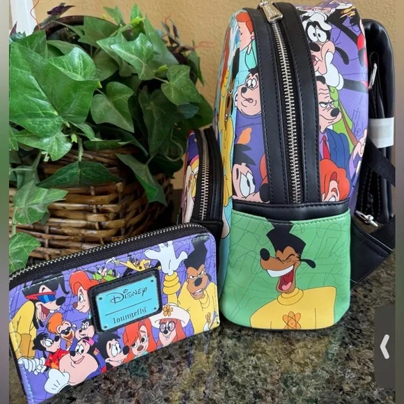 Loungefly Disney Goofy Movie Collage Mini Backpack and matching wallet NWT